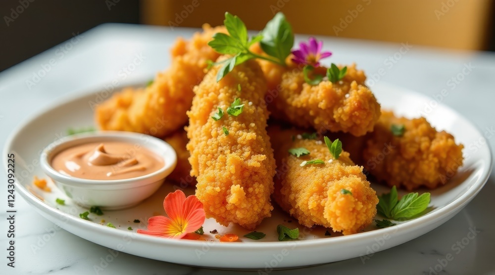 A plate of crispy golden-brown breaded chicken tenders, delicately garnished with fresh herbs and vibrant orange flowers, served with a creamy, tangy dipping sauce. A plate of crispy golden-brown breaded chicken tenders, delicately garnished with fresh herbs and vibrant orange flowers, served with a creamy, tangy dipping sauce.