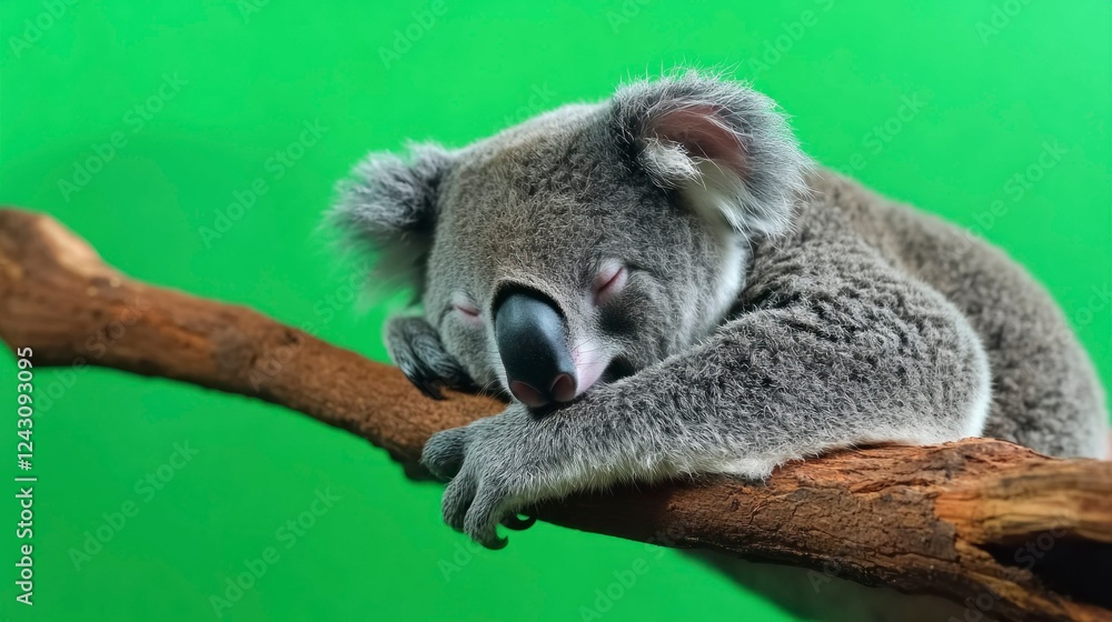 Naklejka premium Sleepy koala resting on a tree branch in a green screen environment high-resolution animal content