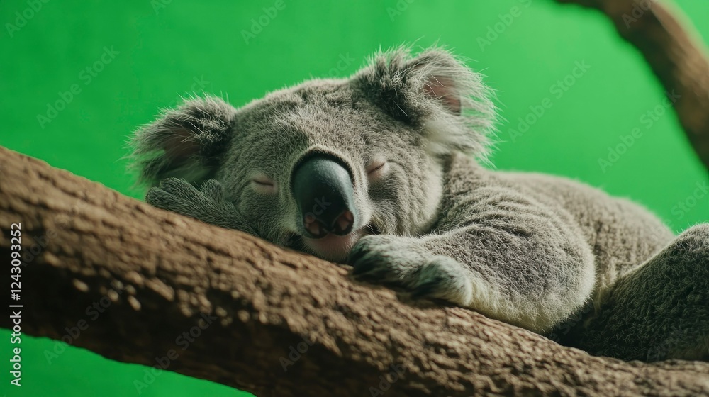 Fototapeta premium Gentle koala resting on tree branch green screen background wildlife photography calm environment close-up viewpoint
