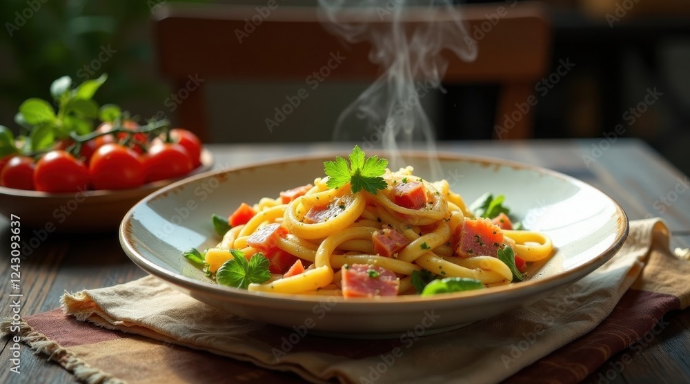 Aromatic pasta dish with savory ham and fresh herbs, steaming in a shallow bowl on a rustic wooden table Aromatic pasta dish with savory ham and fresh herbs, steaming in a shallow bowl on a rustic wooden table