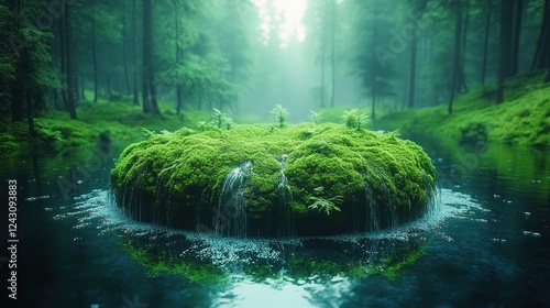 Mossy island with small waterfalls in a mystical forest.