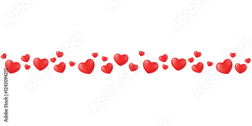 Strip of small scattered hearts isolated on a transparent background. Separator or divider for Valentine's Day. Vector illustration