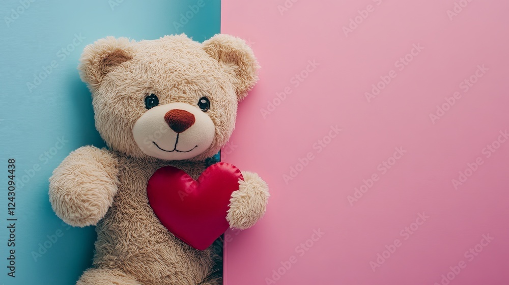 Wholesome teddy bear with a heart, hiding behind a pastel blue wall. Perfect backdrop for cheerful, sentimental messages. Ample space on the vibrant pink background for heartfelt quotes or phrases. Wholesome teddy bear with a heart, hiding behind a pastel blue wall. Perfect backdrop for cheerful, sentimental messages. Ample space on the vibrant pink background for heartfelt quotes or phrases.