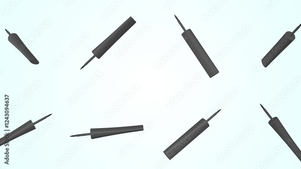 Eyeliners Falling on a Light Blue Background. Black Eyeliner 3D Animation. 4K Eyeliners Falling on a Light Blue Background. Black Eyeliner 3D Animation. 4K