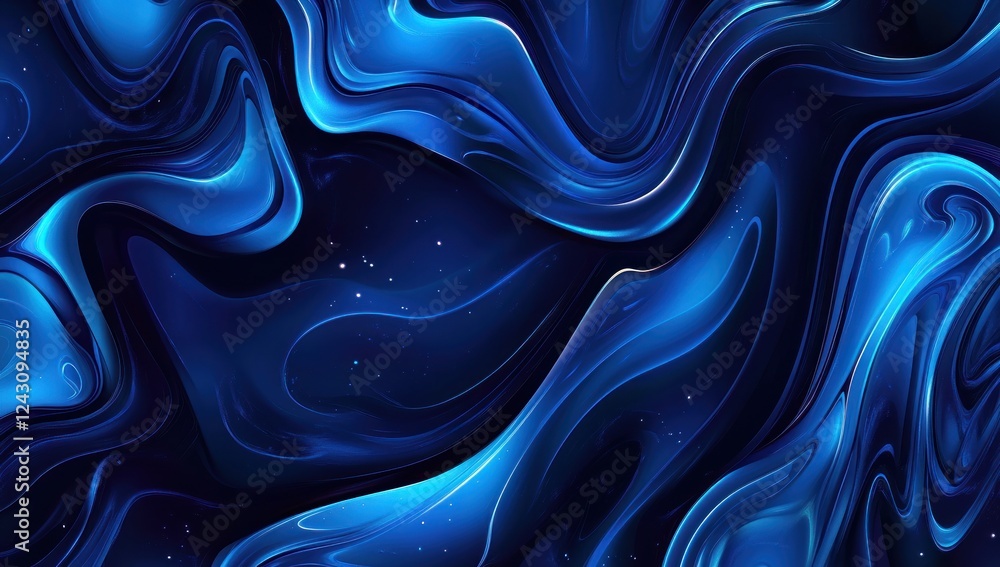 Fototapeta premium Abstract blue liquid swirls, glowing dark background.