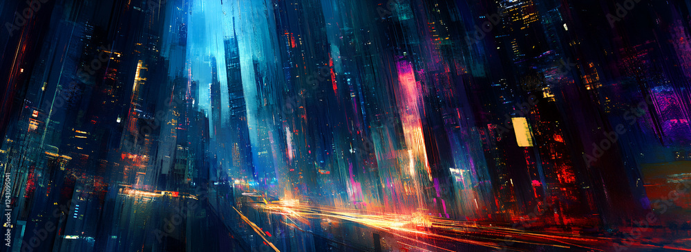 Fototapeta premium Futuristic City Skyline at Night, Glowing Metropolis with Neon Lights