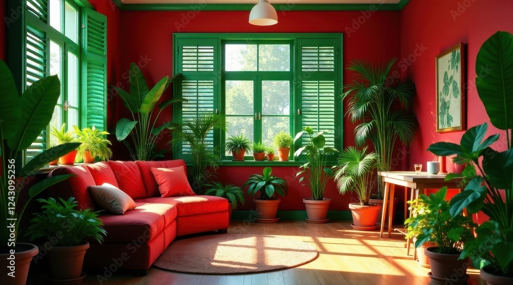 Obraz premium Sunlit Interior with Lush Greenery and Red Sofa