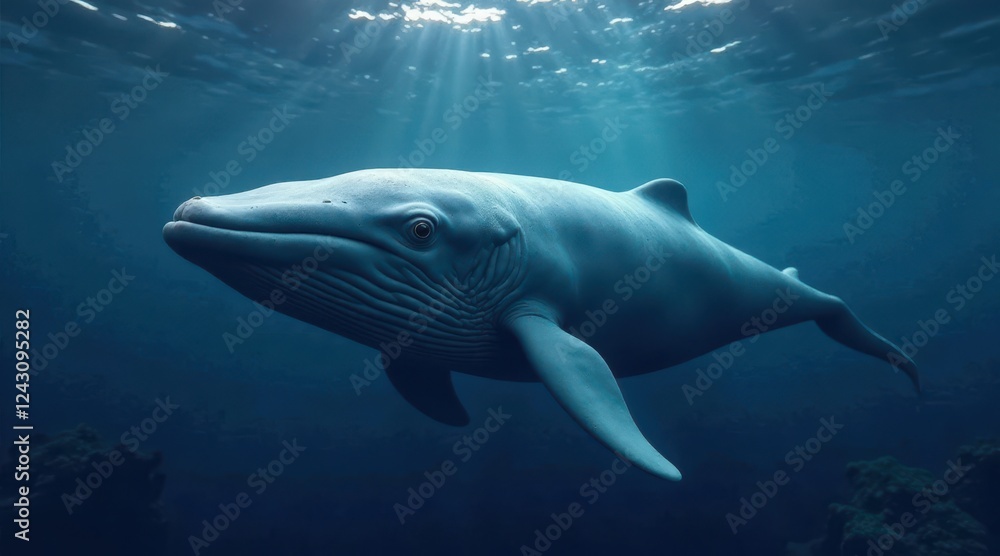Fototapeta premium A Majestic Whale Gracefully Navigates the Deep Ocean Depths, Illuminated by Sunbeams Piercing the Surface