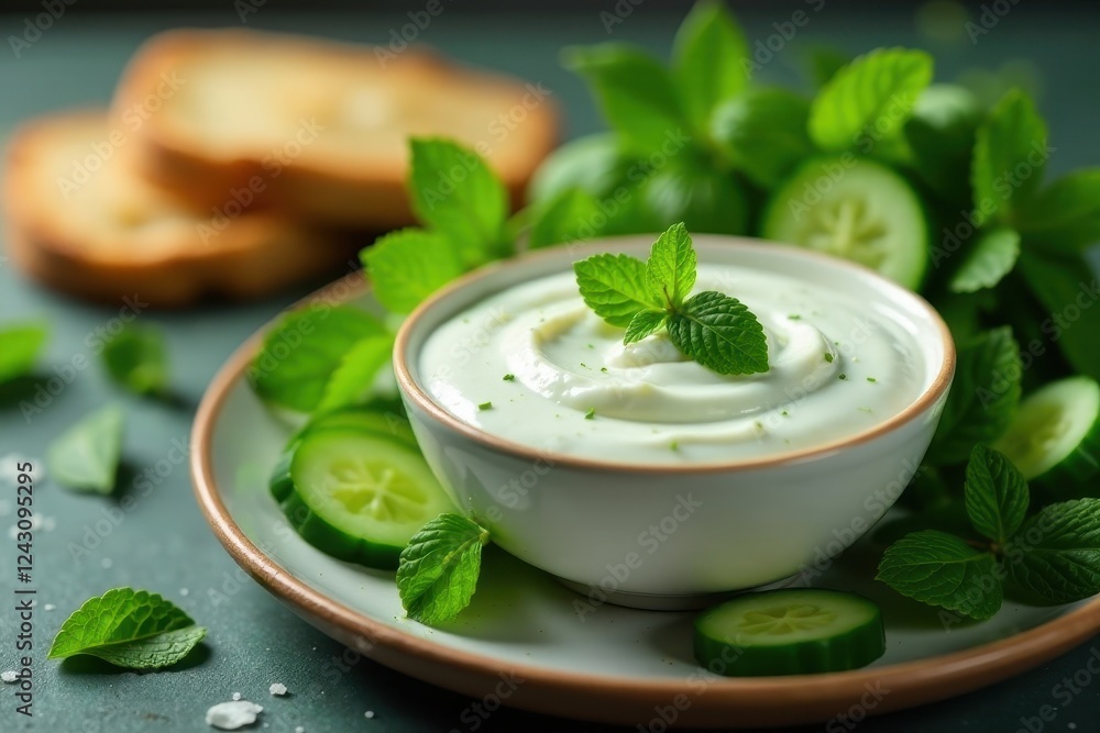 Refreshing Creamy Yogurt Dip with Cucumber and Mint Garnish on a Plate Refreshing Creamy Yogurt Dip with Cucumber and Mint Garnish on a Plate