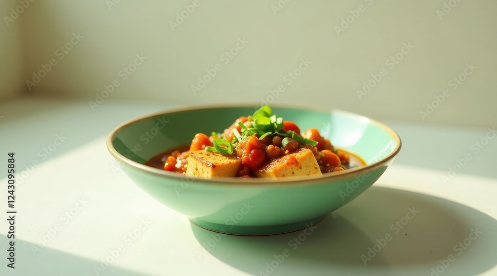 Aromatic Spiced Tofu and Chickpea Stew in a Light Green Bowl, Illuminated by Sunlight Aromatic Spiced Tofu and Chickpea Stew in a Light Green Bowl, Illuminated by Sunlight