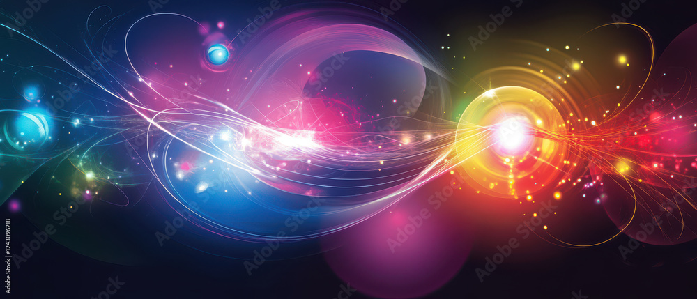Vibrant abstract design featuring colorful light trails and particles, representing energy and motion in cosmic setting. image evokes sense of wonder and exploration Vibrant abstract design featuring colorful light trails and particles, representing energy and motion in cosmic setting. image evokes sense of wonder and exploration