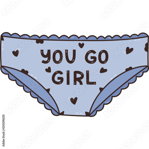 Cute women lace panties with heart pattern and motivational lettering You Go Girl. Lovely hand drawn textile lady lingerie. Linen comfortable female underwear isolated on white background.