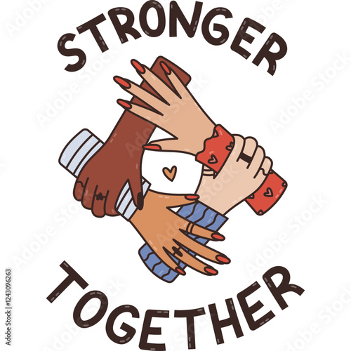 Cute colorful doodle of women making circle with hands with lettering Stronger Together. Multiracial, different ethnicities ladies putting hands together as sign of friendship, girl power, community.