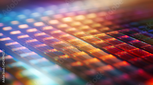 Macro shot of an iridescent silicon wafer with bokeh effects, ideal for technology display backgrounds.

