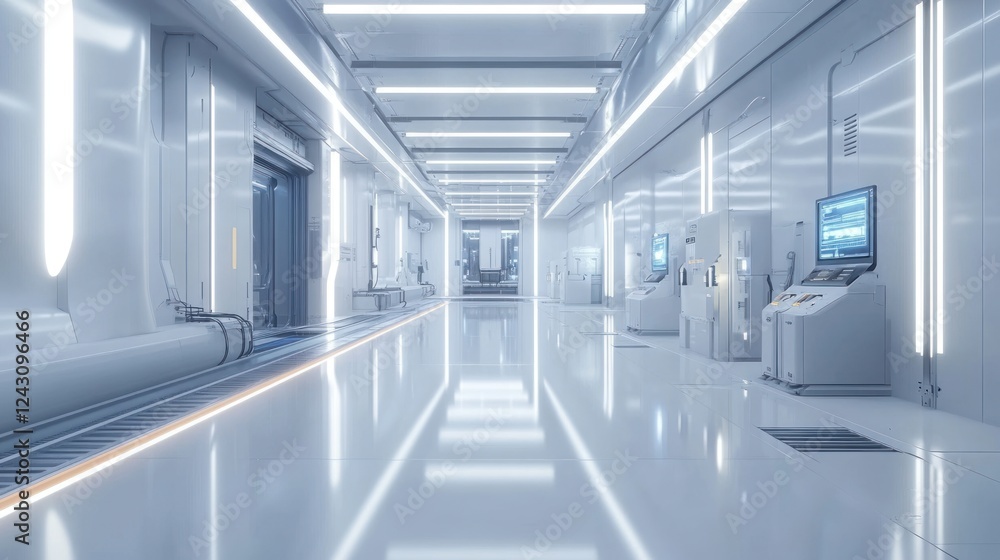 A sleek, futuristic corridor in a high-tech facility with advanced equipment. A sleek, futuristic corridor in a high-tech facility with advanced equipment.