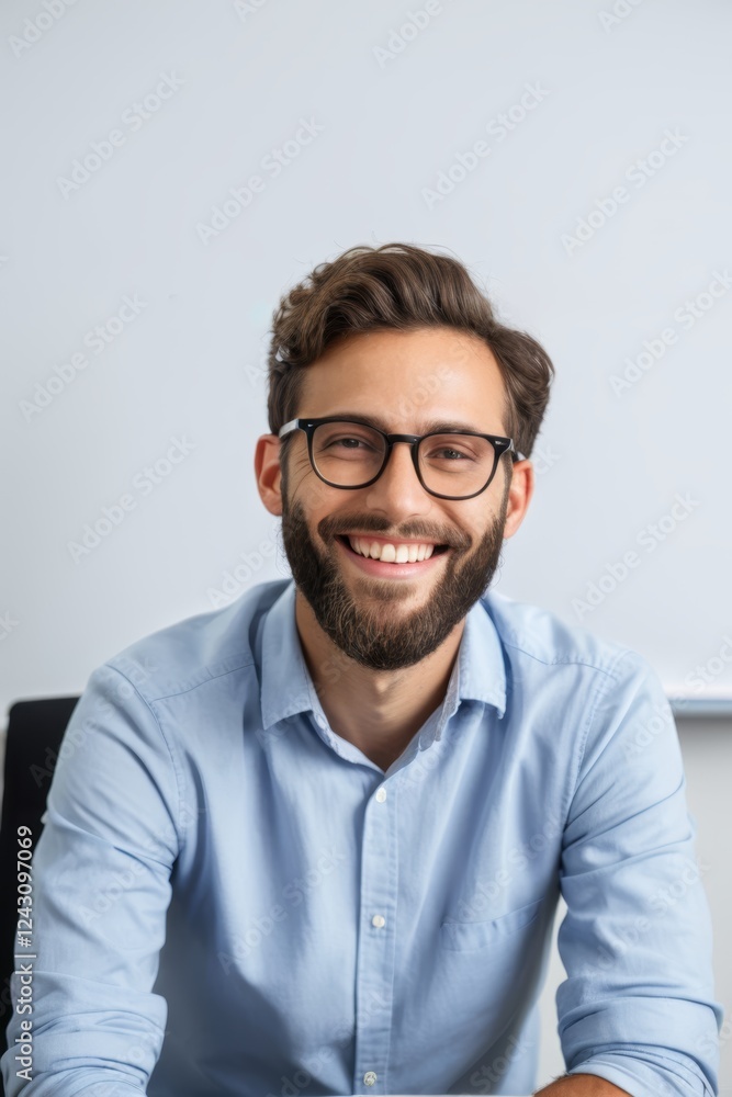 smiling man in blue shirt sitting at desk with laptop computer smiling man in blue shirt sitting at desk with laptop computer
