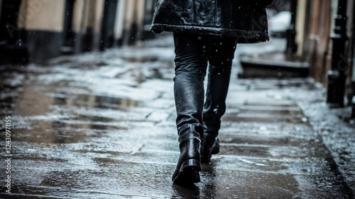 Person walking on wet city pavement in rain. Ideal for urban lifestyle, moody weather, and city atmosphere themes.