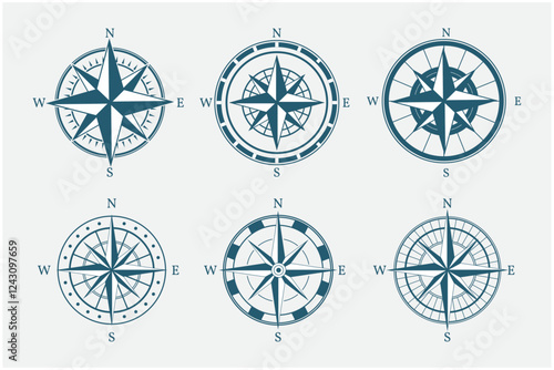 Vintage marine wind rose, nautical chart. Monochrome navigational compass with cardinal directions of North, East, South, West. Geographical position, cartography and navigation. Vector illustration