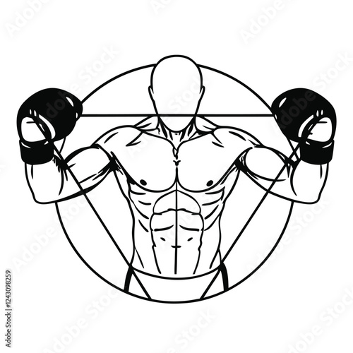 high-quality line-art illustration of a boxer in a fighting stance, wearing boxing gloves 