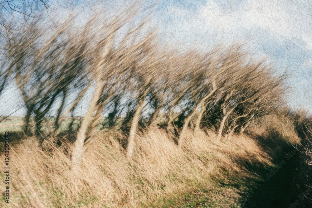 Fototapeta premium Windswept Trees Sway Gently in the Breeze, Nature's Dance on a Hillside with Golden Grasses.