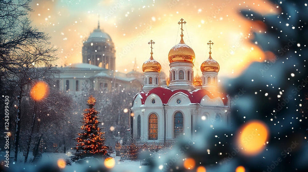 Fototapeta premium A photo of an Orthodox church in winter, with golden domes and a red roof, as snowflakes fall gently around it. The background is blurred with trees and buildings, creating depth.