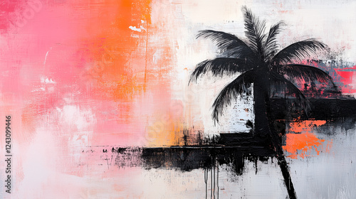 Abstract oil painting of palm tree silhouette against vibrant sunset.