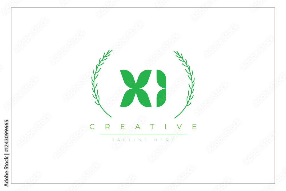 Fototapeta premium XI letters eco logo with leaf. Fresh nature and healthy leaf logo design.