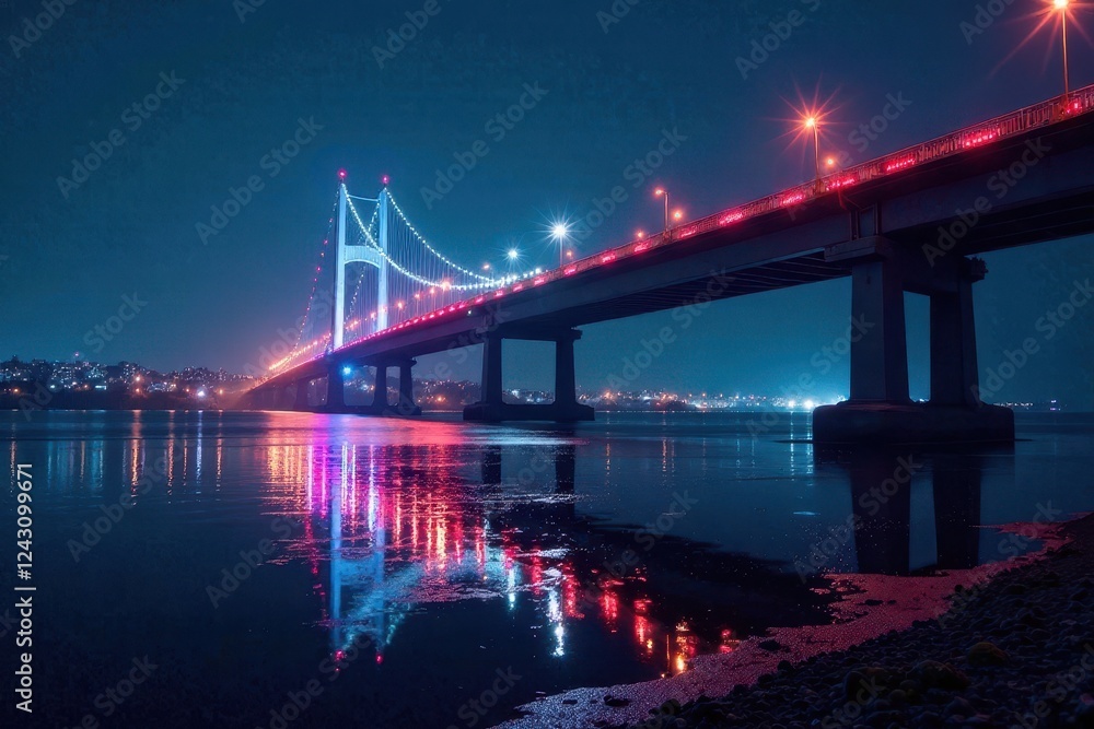Naklejka premium Night scene of illuminated suspension bridge reflecting in calm water