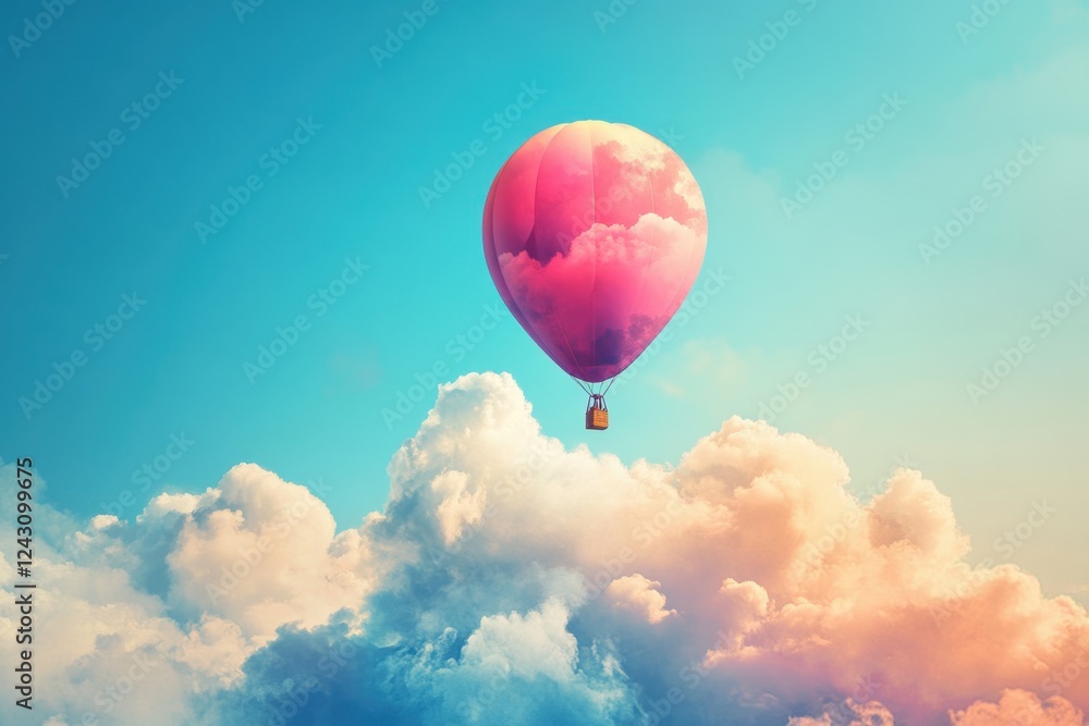 Fototapeta premium A hot air balloon is floating in the sky above a cloudy blue sky