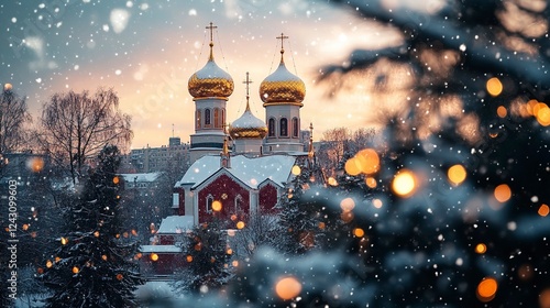 A photo of an Orthodox church in winter, with golden domes and a red roof, as snowflakes fall gently around it. The background is blurred with trees and buildings, creating depth.