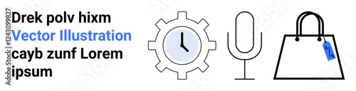 Gear with clock, microphone, and shopping bag with price tag represent functionality, audio input, commerce, decision-making, time management, retail and productivity. Ideal for technology