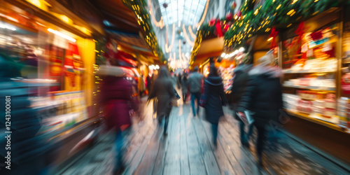Wallpaper Mural Blurred motion of people walking through vibrant Christmas market adorned with festive lights and colorful decorations. Illuminated stalls, showcase holiday goods, warm, lively atmosphere Torontodigital.ca