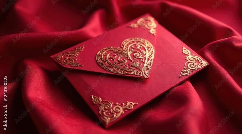 custom made wallpaper toronto digitalAn ornate red envelope adorned with a gold heart and filigree detailing rests on a luxurious crimson fabric, suggesting romance and celebration.