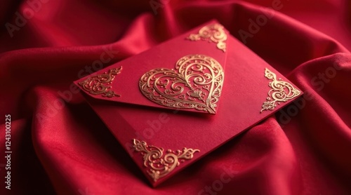 Wallpaper Mural An ornate red envelope adorned with a gold heart and filigree detailing rests on a luxurious crimson fabric, suggesting romance and celebration. Torontodigital.ca