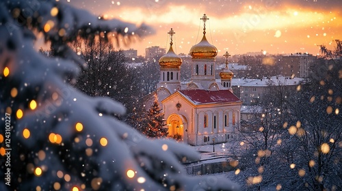 A photo of an Orthodox church in winter, with golden domes and a red roof, as snowflakes fall gently around it. The background is blurred with trees and buildings, creating depth.