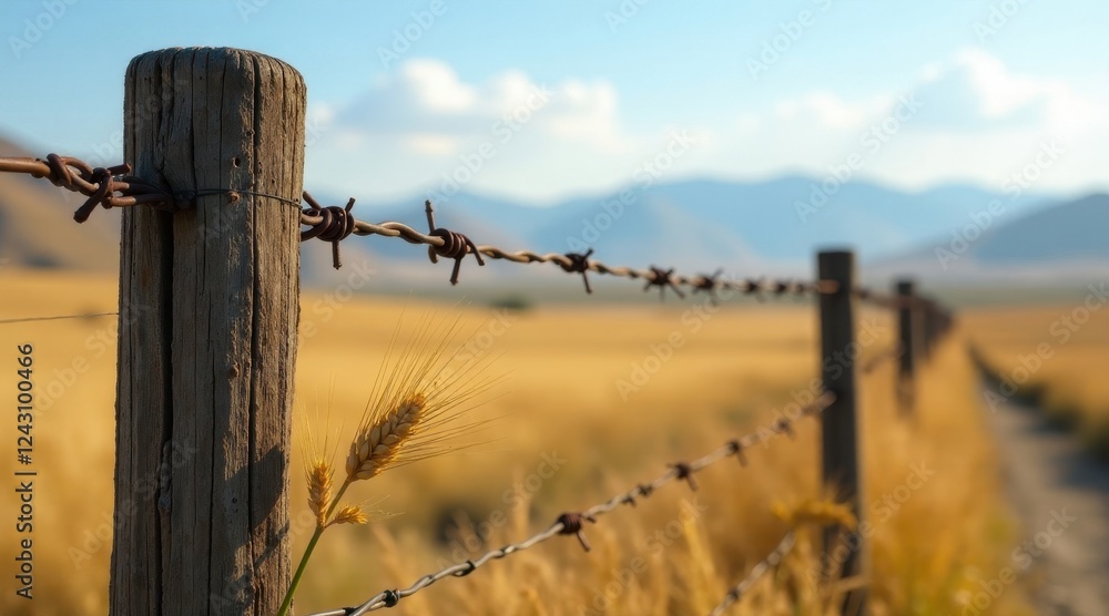 Fototapeta premium Rustic wooden fence post with barbed wire, a single stalk of wheat in the foreground, and a blurred golden field extending to distant mountains under a clear sky.