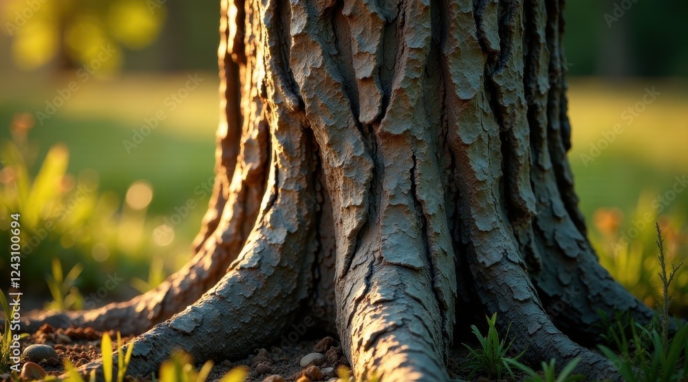 Golden Hour Illumination on a Tree's Exposed Roots in a Verdant Meadow Golden Hour Illumination on a Tree's Exposed Roots in a Verdant Meadow