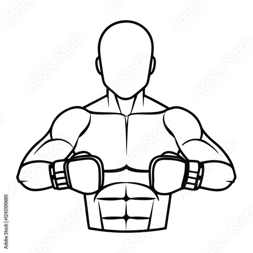 high-quality line-art illustration of a boxer in a fighting stance, wearing boxing gloves 