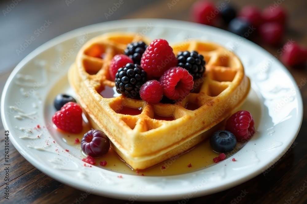 Heart-shaped waffle topped with assorted berries and a drizzle of syrup on a white plate Heart-shaped waffle topped with assorted berries and a drizzle of syrup on a white plate