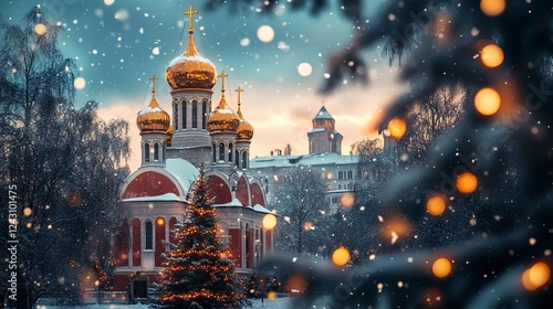 A photo of an Orthodox church in winter, with golden domes and a red roof, as snowflakes fall gently around it. The background is blurred with trees and buildings, creating depth.
