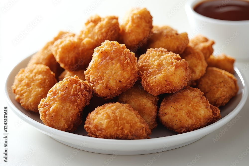 Crispy chicken nuggets, dipping sauce, plate, white background, food photography Crispy chicken nuggets, dipping sauce, plate, white background, food photography
