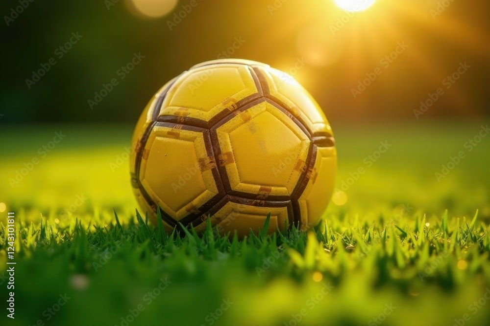 Fototapeta premium Golden Hour Soccer Ball Resting on Lush Green Grass