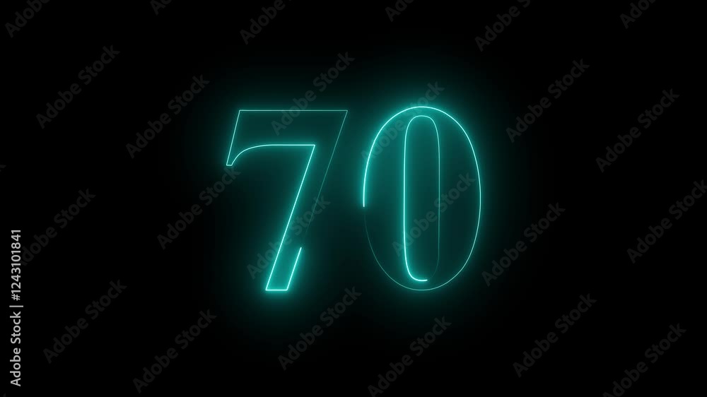 Glowing neon number 70. Educational mathematics 70 animation on black background. 4k motion graphic animation. Glowing neon number 70. Educational mathematics 70 animation on black background. 4k motion graphic animation.
