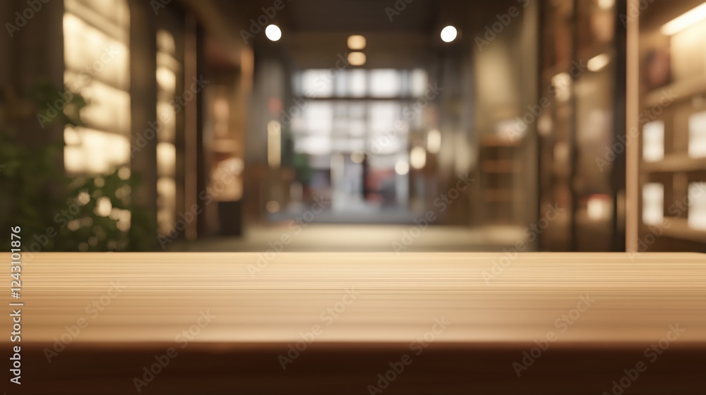 Empty wooden table top with glowing lights and blurred restaurant interior background Empty wooden table top with glowing lights and blurred restaurant interior background