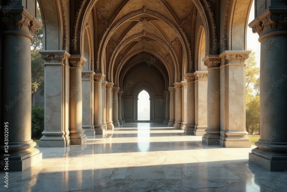 Obraz premium Sunlit Colonnade A Majestic Architectural Passageway with High Arched Ceilings and Elegant Marble Flooring