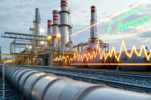 futuristic energy hub with neon lights and holographic gas price display