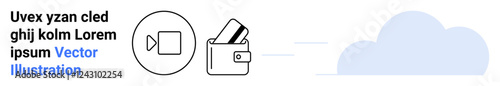 Digital wallet icon with cards, video call icon, and cloud background. Ideal for virtual communication, online payments, financial technology, cloud services, remote work, digital identity