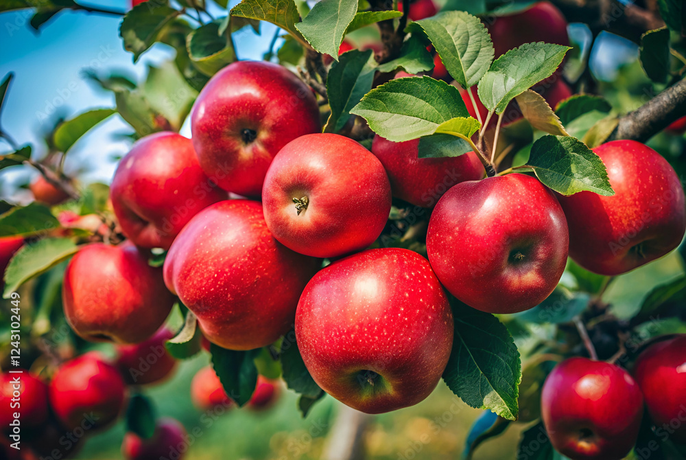 A vibrant cluster of ripe red apples hangs from lush green branches, showcasing their freshness against a clear blue sky. A vibrant cluster of ripe red apples hangs from lush green branches, showcasing their freshness against a clear blue sky.