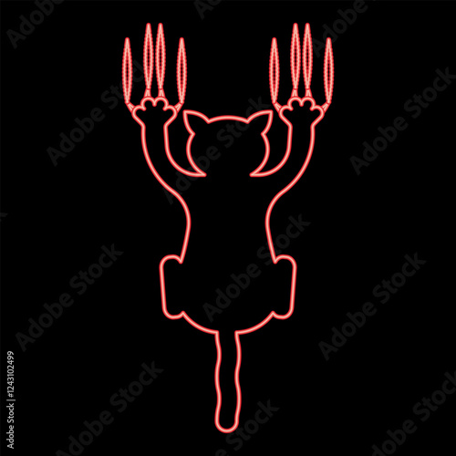 Neon cat scratching with claw marks harm red color vector illustration image flat style
