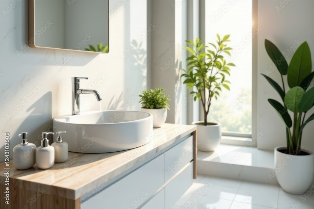 Fototapeta premium Modern minimalist bathroom vanity with sunlight streaming through window and potted plants